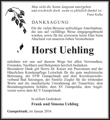 Traueranzeige von Horst Uehling von Südthüringer Presse