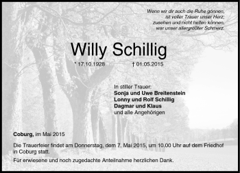 Traueranzeige von Willy Schillig von Neue Presse Coburg