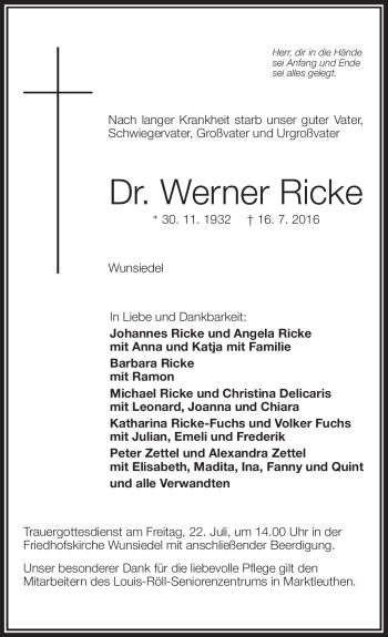 Traueranzeige von Dr. Werner Ricke von Frankenpost