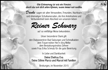 Traueranzeige von Reiner Schwarz von Südthüringer Presse