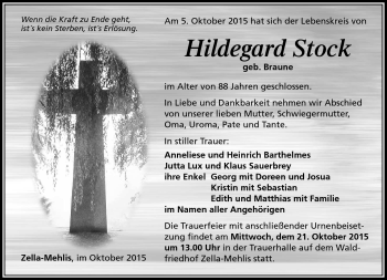 Traueranzeige von Hildegard Stock von Südthüringer Presse