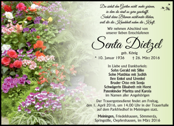Traueranzeige von Senta Dietzel von Südthüringer Presse
