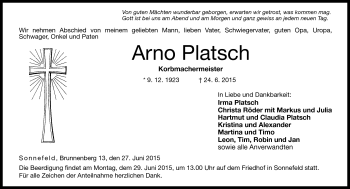 Traueranzeige von Arno Platsch von Neue Presse Coburg