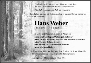 Traueranzeige von Hans Weber von Südthüringer Presse