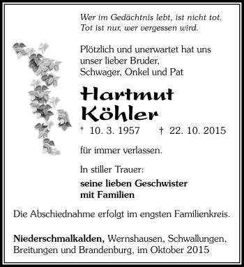 Traueranzeige von Hartmut Köhler von Südthüringer Presse