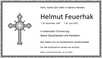 Traueranzeige von Helmut Feuerhak von Frankenpost
