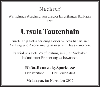 Traueranzeige von Ursula Trautenhain von Südthüringer Presse