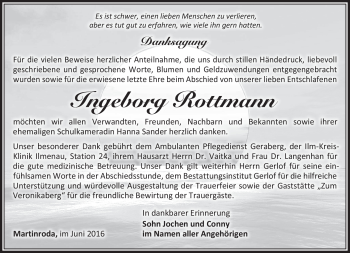 Traueranzeige von Ingeborg Rottmann von Südthüringer Presse