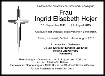 Traueranzeige von Ingrid Elisabeth Hojer von Frankenpost