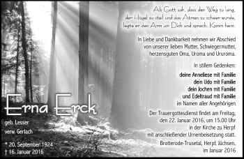 Traueranzeige von Erna Erck von Südthüringer Presse