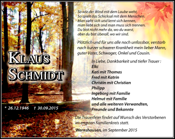 Traueranzeige von Klaus Schmidt von Südthüringer Presse