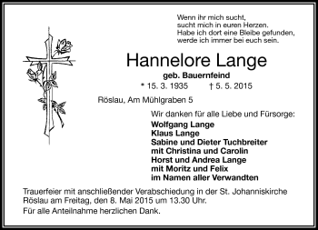 Traueranzeige von Hannelore Lange von Frankenpost