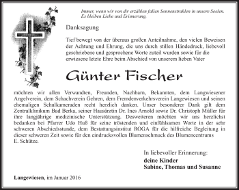 Traueranzeige von Günter Fischer von Südthüringer Presse