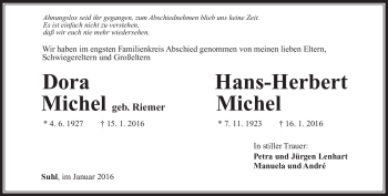 Traueranzeige von DoraHans-Herbet MichelMichel von Südthüringer Presse