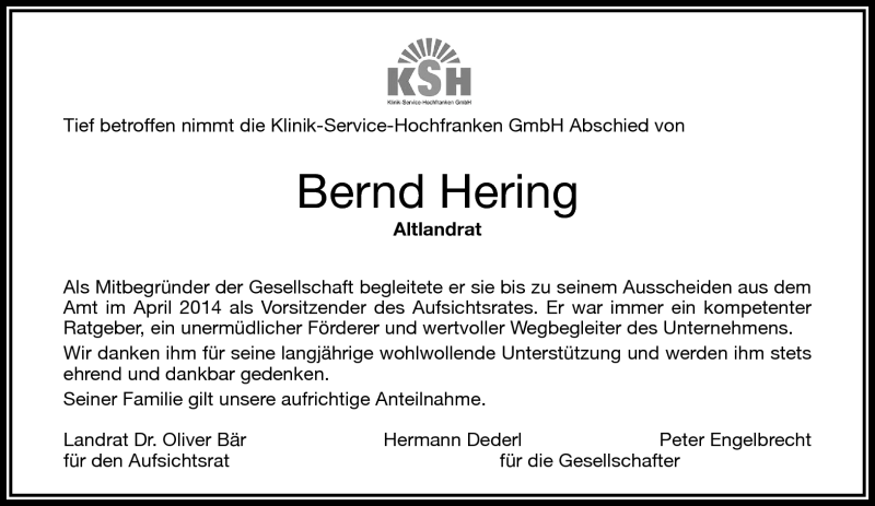  Traueranzeige für Bernd Hering vom 26.05.2015 aus Frankenpost