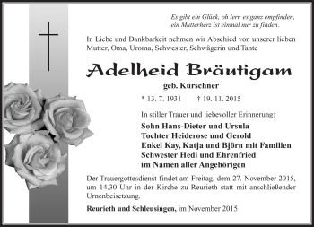 Traueranzeige von Adelheid Bräutigam von Südthüringer Presse