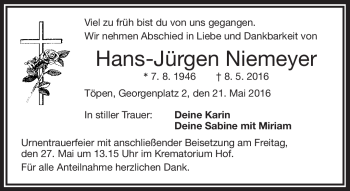 Traueranzeige von Hans-Jürgen Niemeyer von Frankenpost