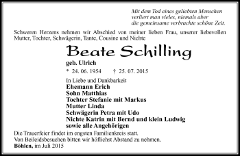 Traueranzeige von beate Schilling von Südthüringer Presse