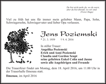 Traueranzeige von Jens Poziemski von Südthüringer Presse
