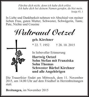 Traueranzeige von Waltraud Oetzel von Südthüringer Presse