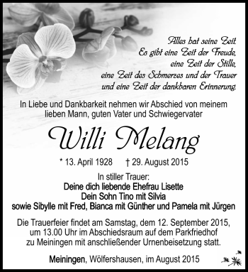 Traueranzeige von Willi Melang von Südthüringer Presse