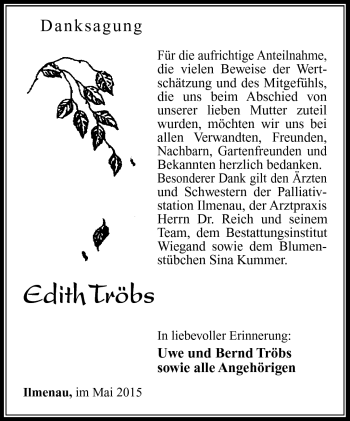 Traueranzeige von Edith Tröbs von Südthüringer Presse