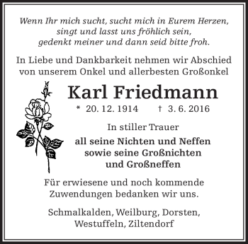 Traueranzeige von Karl Friedmann von Südthüringer Presse