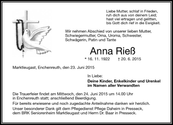 Traueranzeige von Anna Rieß von Frankenpost