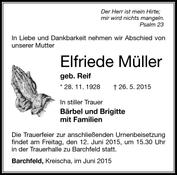 Traueranzeige von Elfriede Müller von Südthüringer Presse