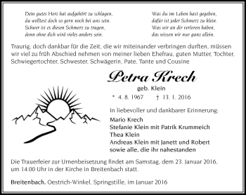 Traueranzeige von Petra Krech von Südthüringer Presse