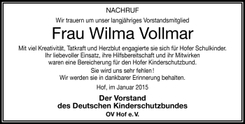 Traueranzeige von Wilma Vollmar von Frankenpost