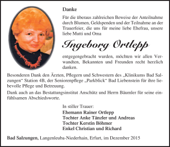 Traueranzeige von Ingeborg Ortlepp von Südthüringer Presse