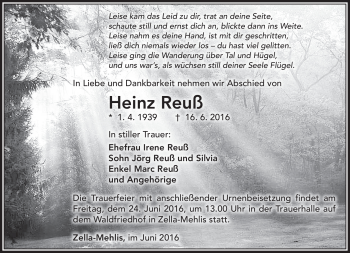Traueranzeige von Heinz Reuß von Südthüringer Presse