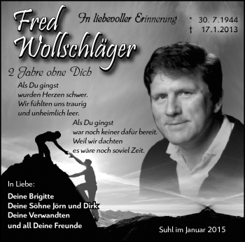 Traueranzeige von Fred Wollschläger von Südthüringer Presse