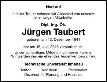 Traueranzeige von Jürgen Taubert von Südthüringer Presse