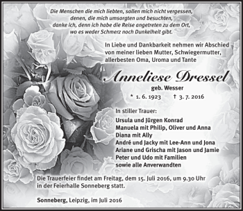 Traueranzeige von Anneliese Dressel von Südthüringer Presse