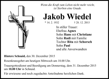 Traueranzeige von Jakob Wiedel von Frankenpost