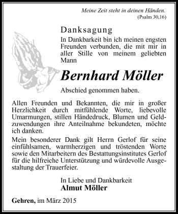 Traueranzeige von Bernahrd Möller von Südthüringer Presse