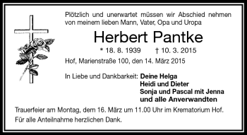 Traueranzeige von Herbert Pantke von Frankenpost