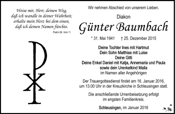 Traueranzeige von Günter Baumbach von Südthüringer Presse