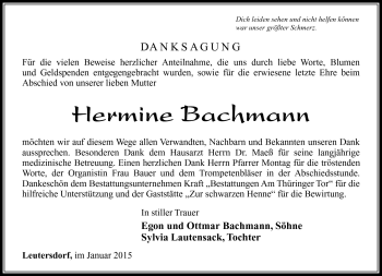 Traueranzeige von Hermine Bachmann von Südthüringer Presse