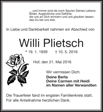 Traueranzeige von Willi Plietsch von Frankenpost