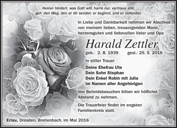 Traueranzeige von Harald Zettler von Südthüringer Presse