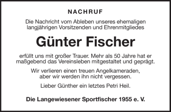 Traueranzeige von Günter Fischer von Südthüringer Presse