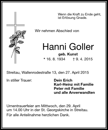 Traueranzeige von Hanni Goller von Frankenpost