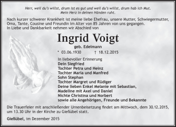 Traueranzeige von Ingrid Voigt von Südthüringer Presse