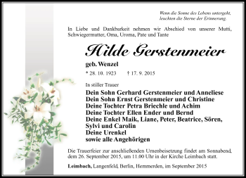 Traueranzeige von Hilde Gerstenmeier von Südthüringer Presse
