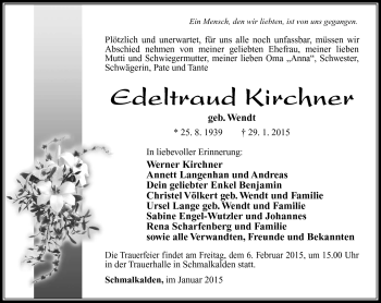 Traueranzeige von Edeltraud Kirchner von Südthüringer Presse