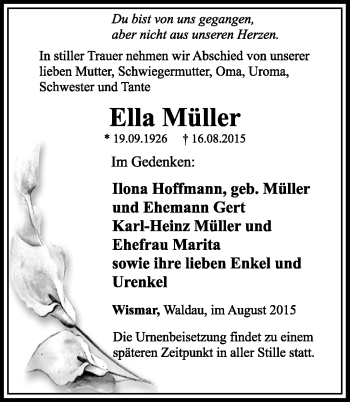 Traueranzeige von Ella Müller von Südthüringer Presse