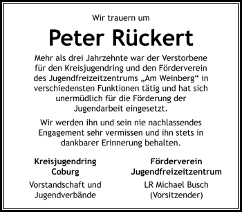 Traueranzeige von Peter Rückert von Neue Presse Coburg